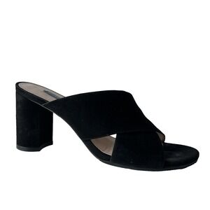 Stuart Weitzman Womens Size 7 Black Suede Block Heel Mule Open Toe Sandal Slides